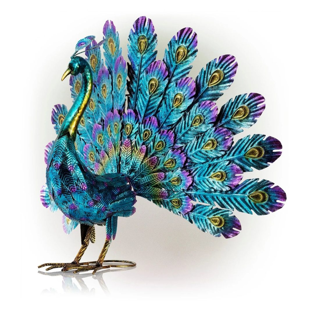 ZenVora Tall Metallic Peacock Garden Statue, Multicolor Outdoor Standing Bird Sculpture for Yard, Patio and Garden Decoration