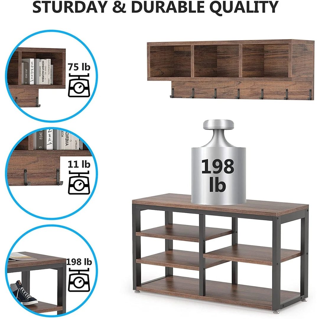 ZenVora Entryway Coat Rack and Shoe Bench Set, Industrial Hall Tree with Coat and Shoe Storage