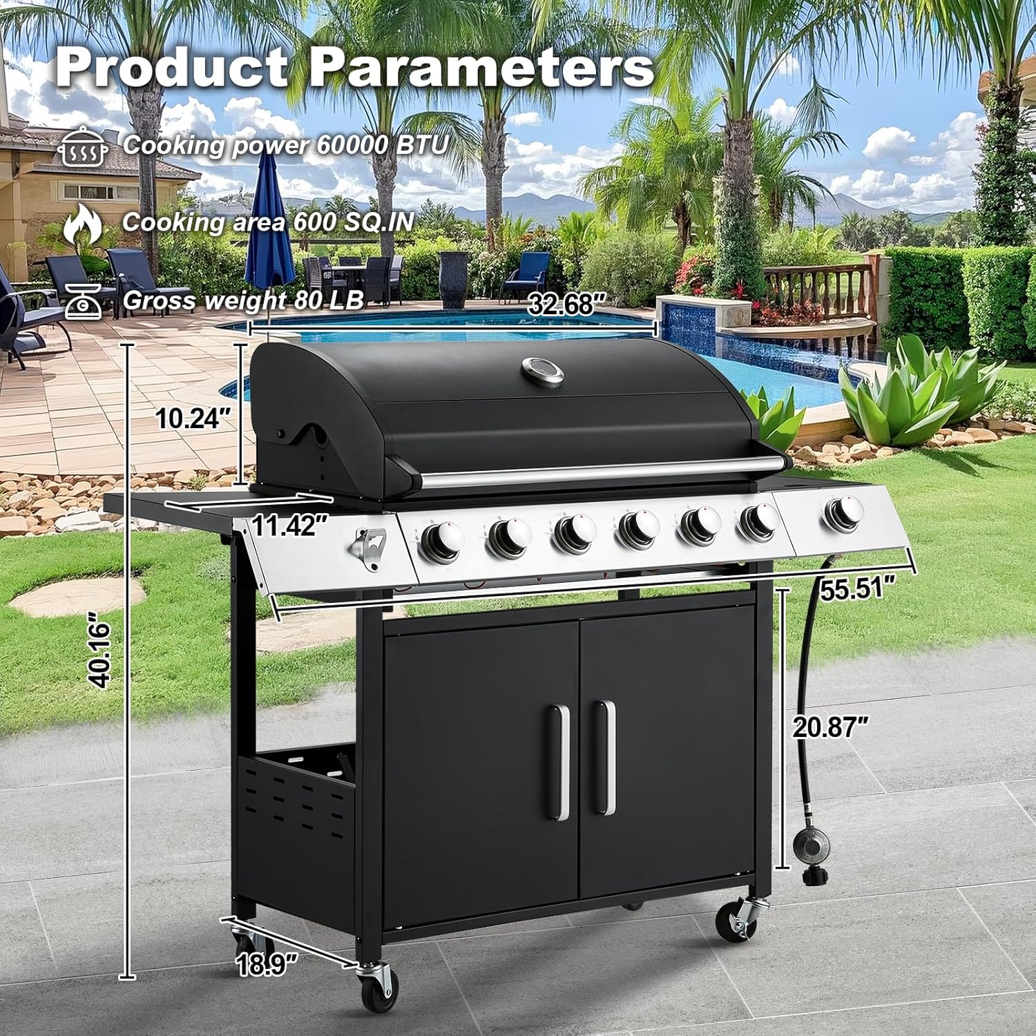 ZenVora 4-Burner Propane Gas Grill with Cast Iron Grates, Side Stove and 44,000 BTU Stainless Steel Burners