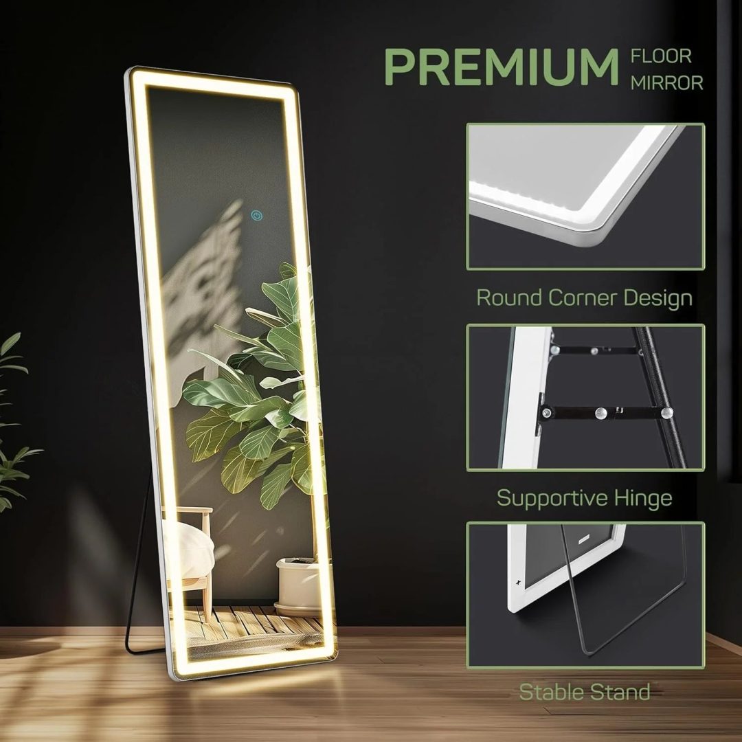 ZenVora 64 x 21 Inch Full Length LED Floor Mirror with Stand, Full Body Wall Mounted Mirror