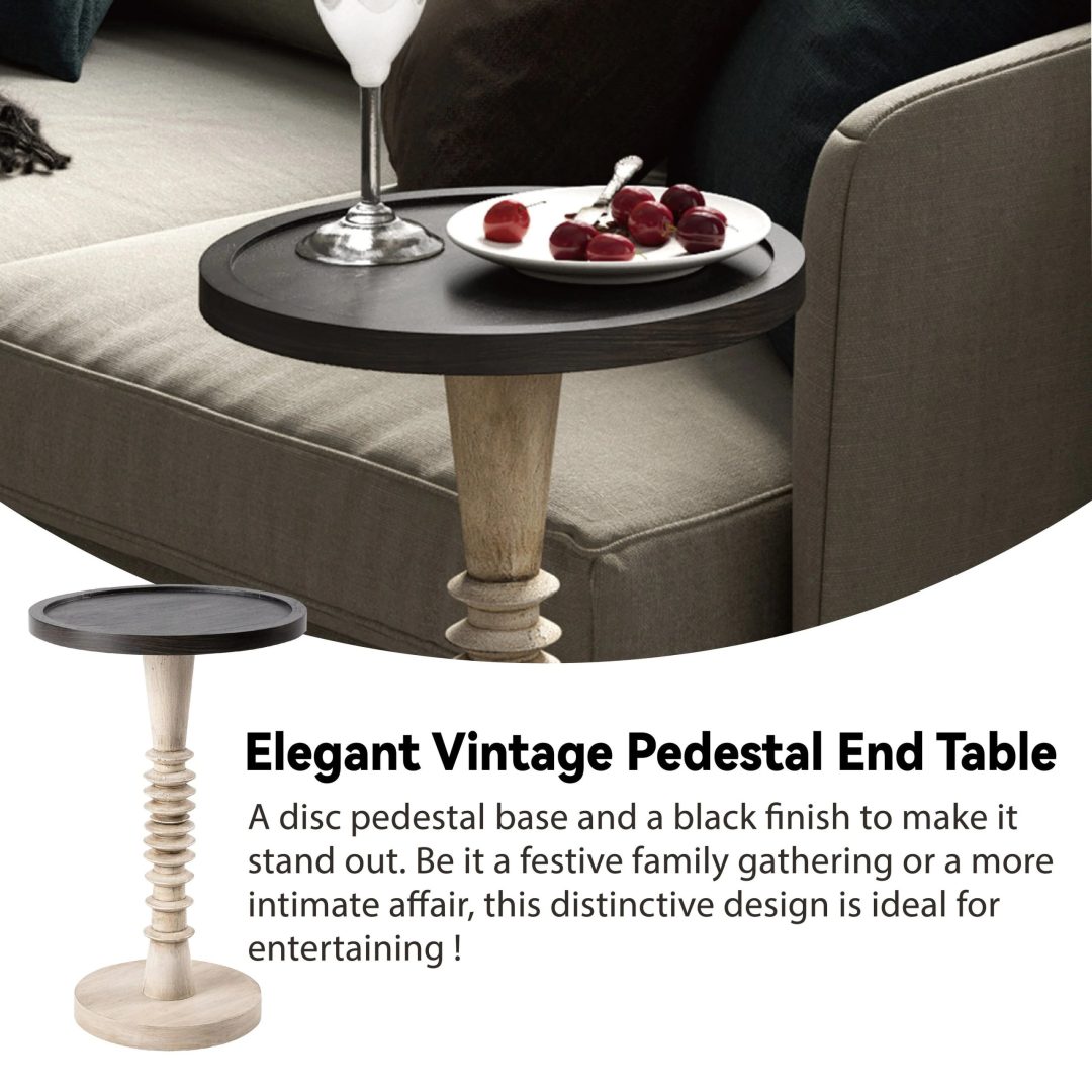 ZenVora Small Pedestal End Table with Tray Top, Farmhouse Distressed Finish Accent Table