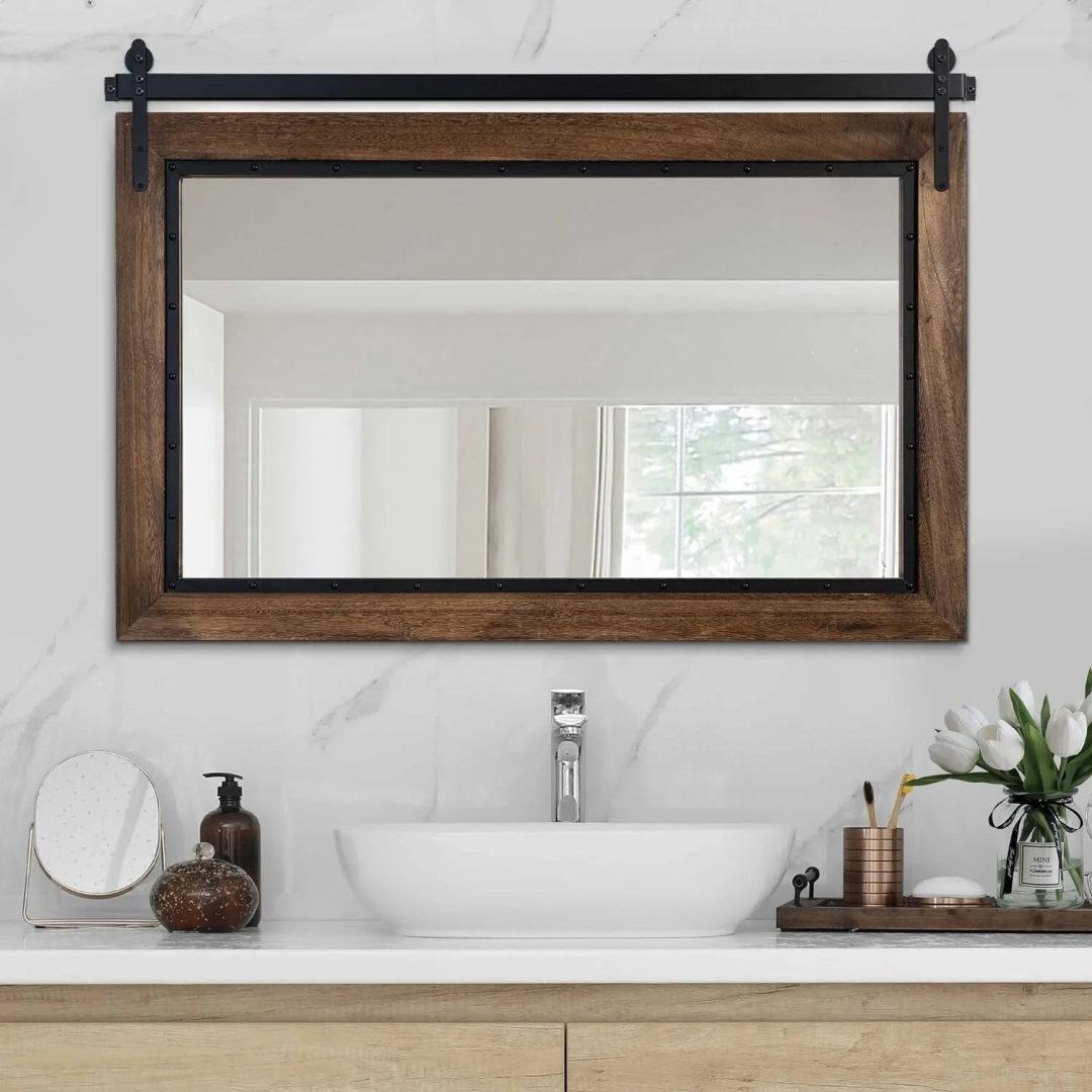 ZenVora Farmhouse Barn Door Style Bathroom Vanity Mirror, Natural Wood Wall Mirror for Bathroom, Bedroom and Entryway