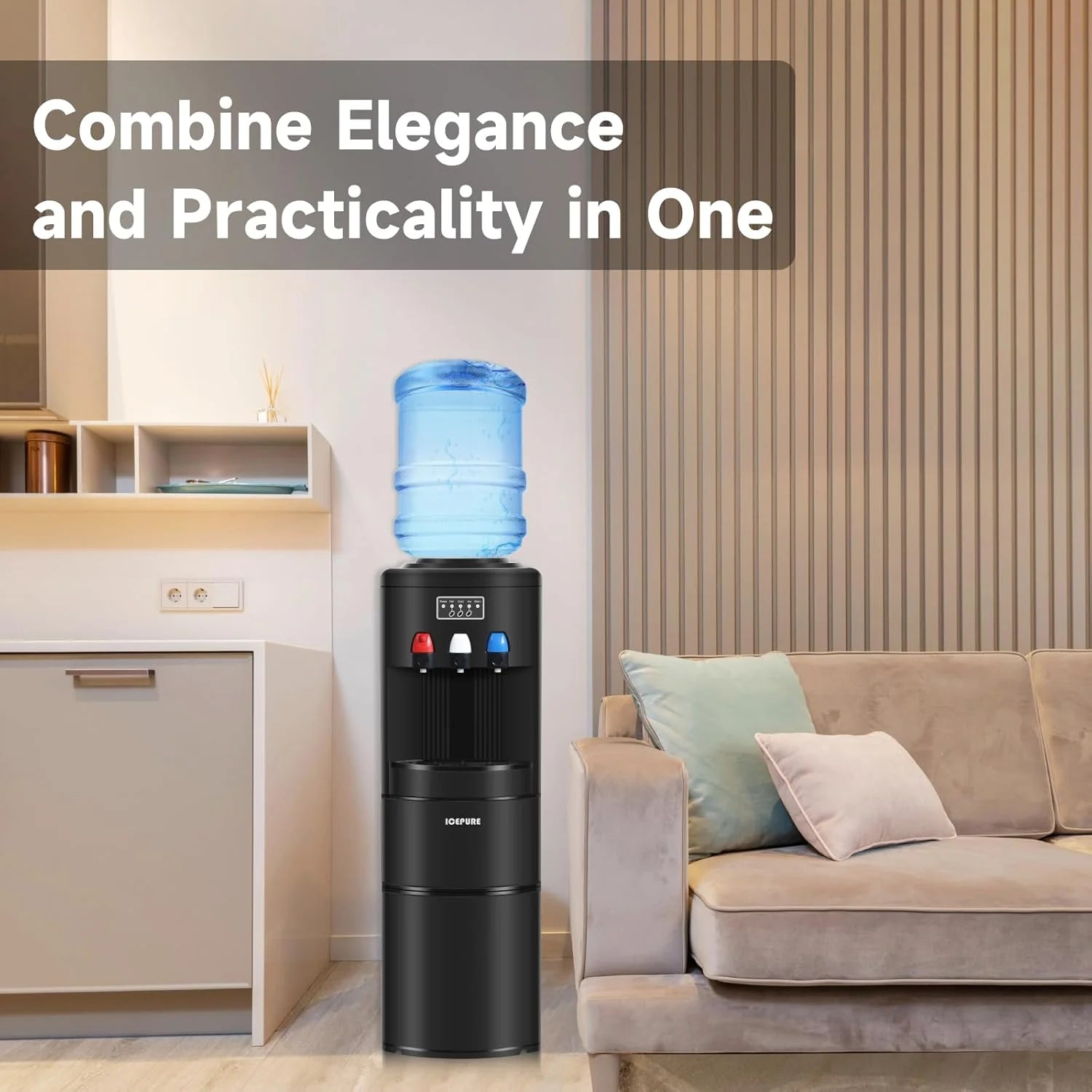 ZenVora 3-in-1 Hot & Cold Water Cooler with Built-in Ice Maker – Top Loading for 3-5 Gallon Bottles, Child Safety Lock, Black