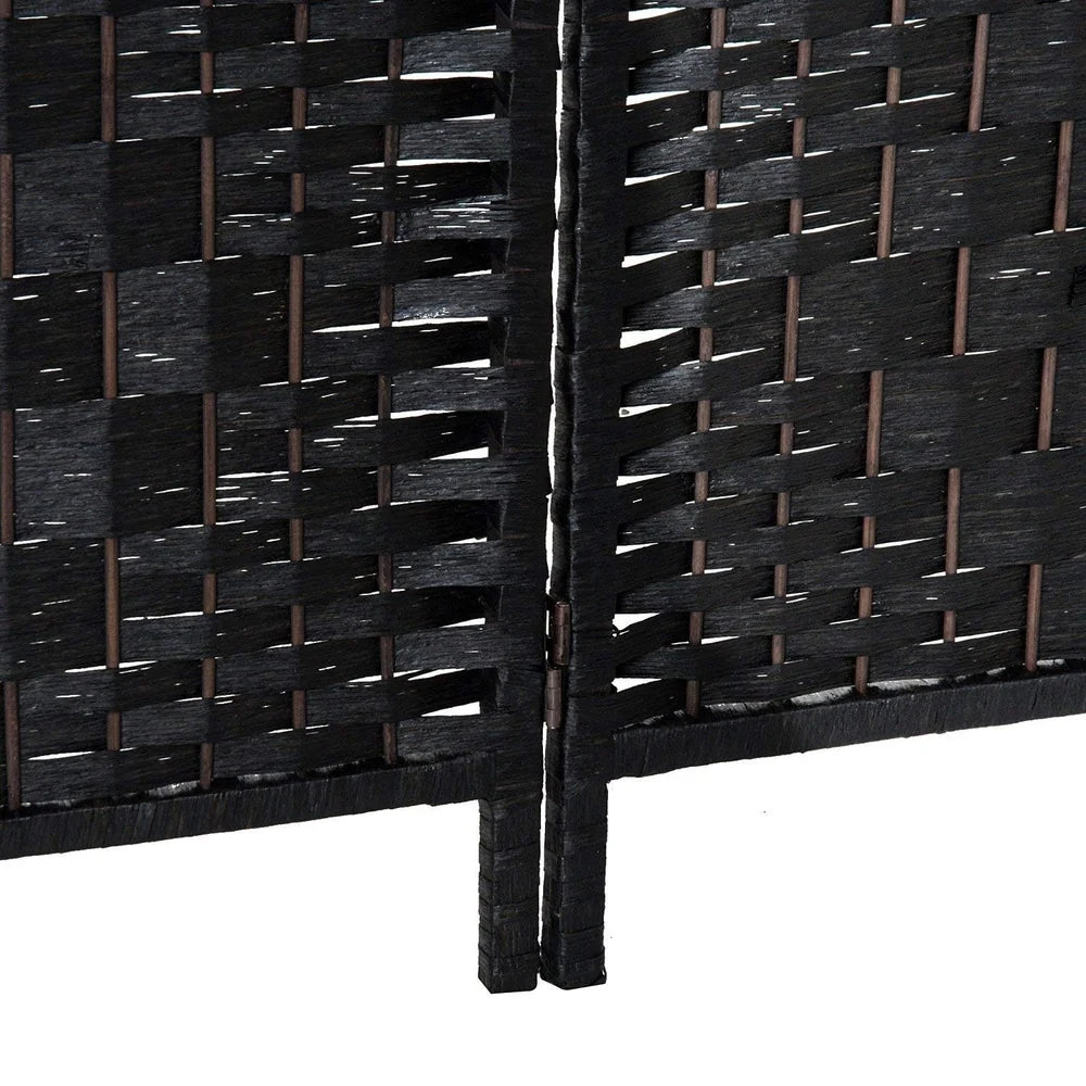 ZenVora 6 Ft Tall Four-Panel Wicker Weave Room Divider, Black Wood Privacy Screen