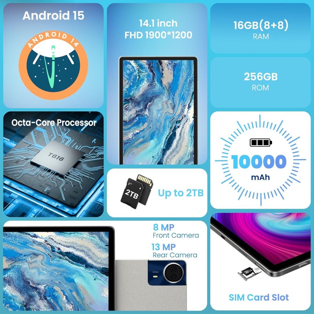 ZenVora 14 Inch Android Tablet, 16GB RAM 256GB Storage, 4G LTE Portable Touchscreen Tablet PC