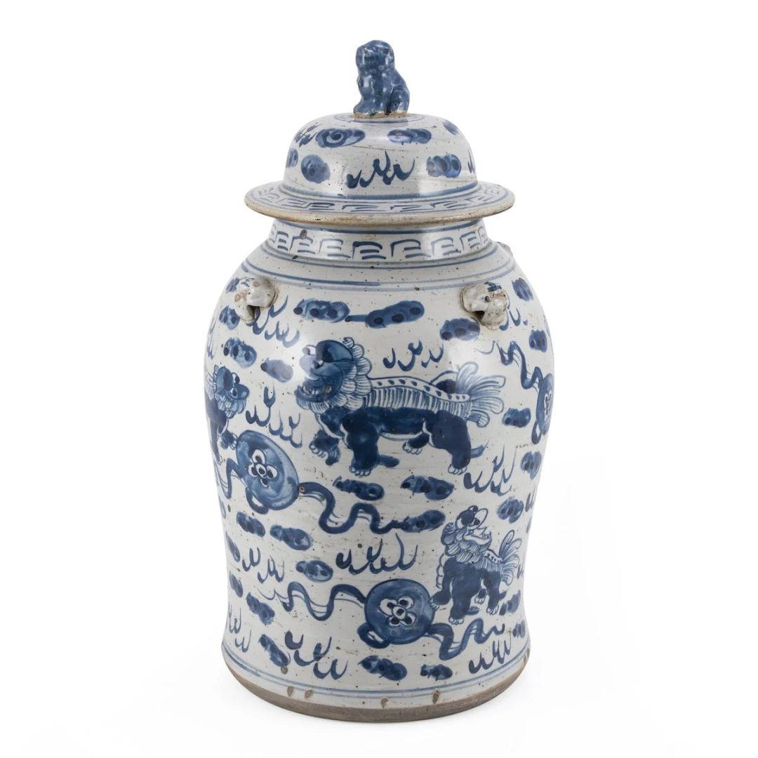 ZenVora Small Vintage Temple Jar with Lion Motif, Decorative Accent Container for Home Decor and Interior Display
