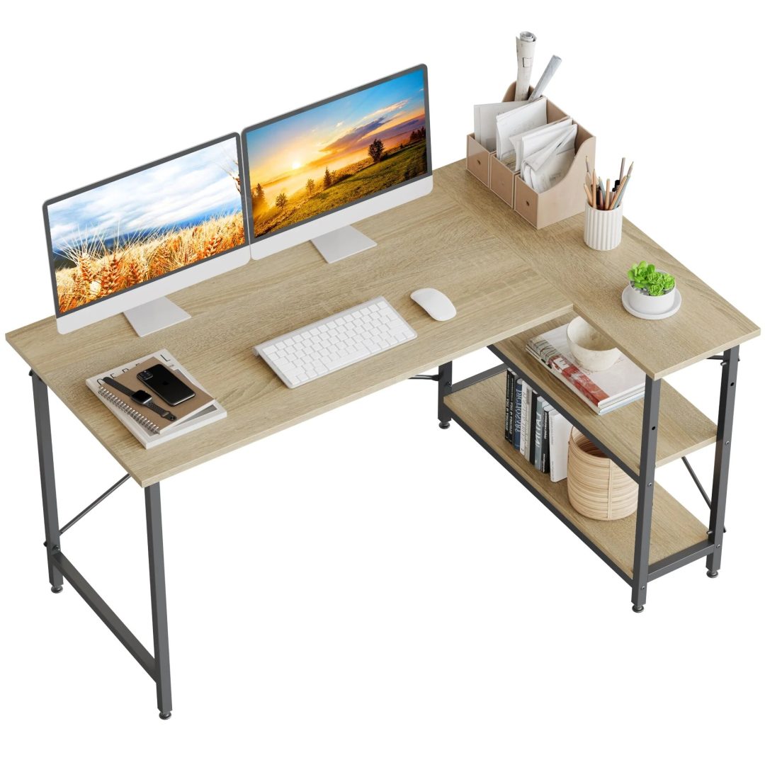 ZenVora Small L Shaped Computer Desk with Storage Shelves, Compact Corner Workstation for Home Office and Study