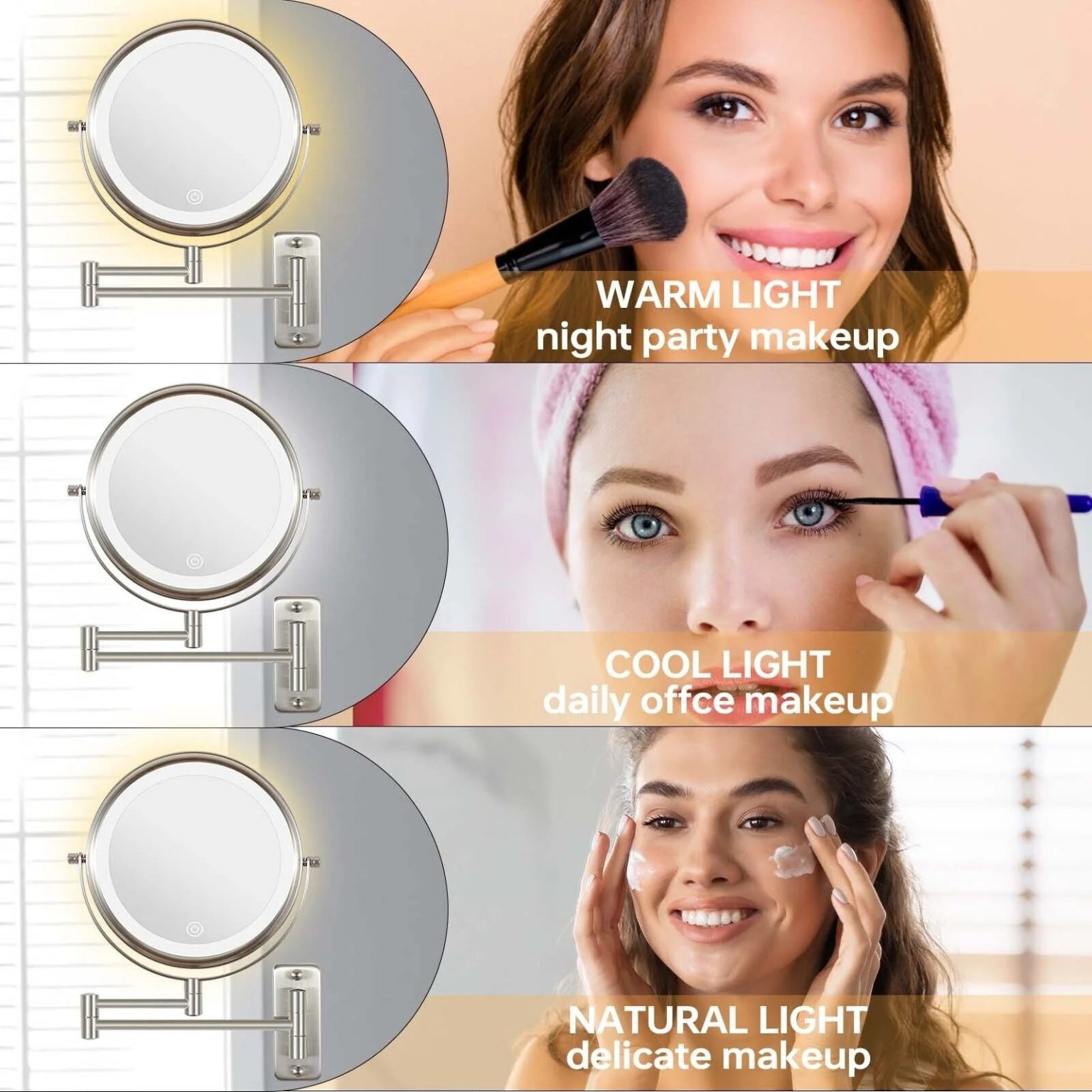ZenVora 8 Inch Round Wall Mounted Makeup Mirror, Rechargeable, 1X/10X Magnification, 3-Color LED Lights