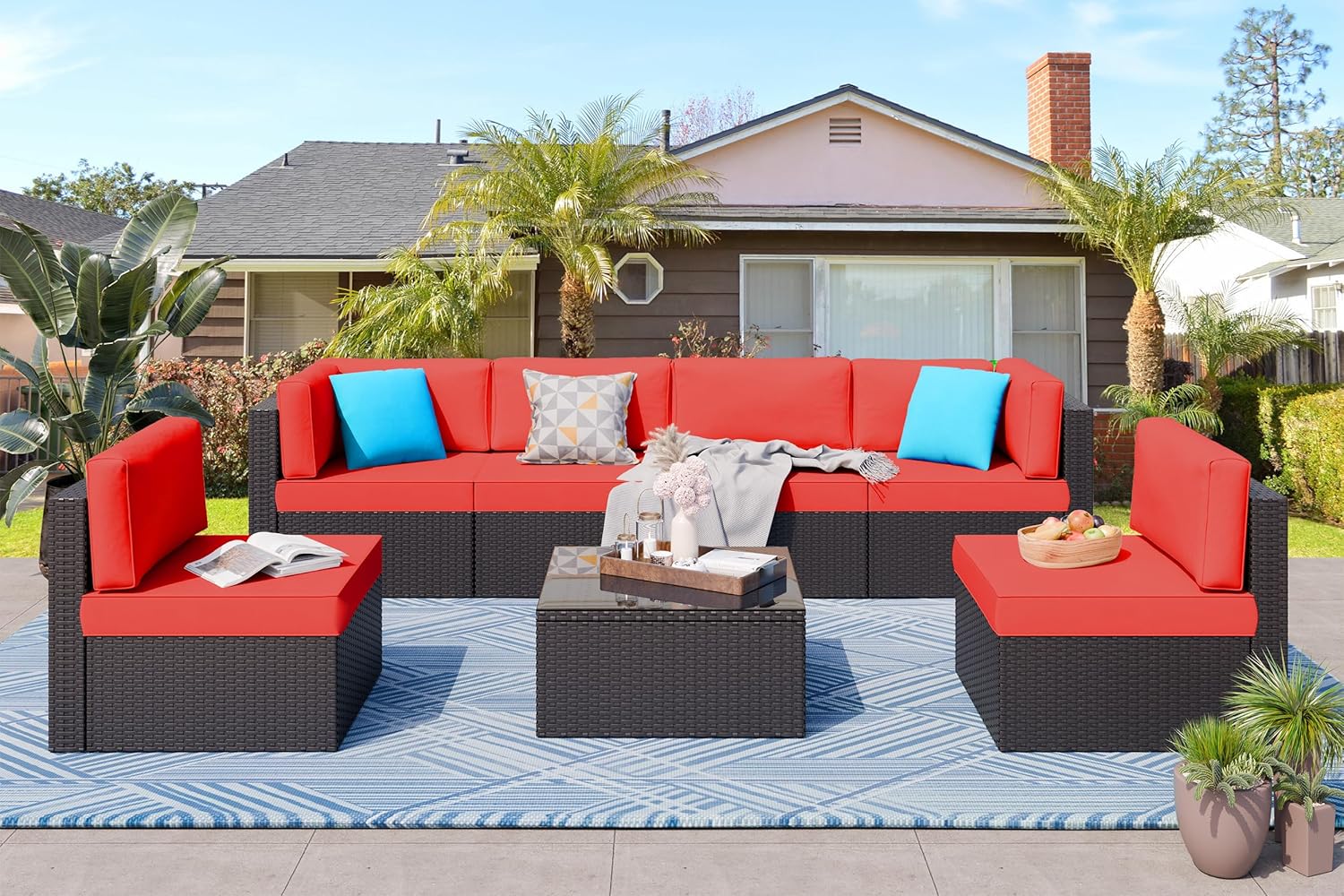 ZenVora 5-Piece All-Weather Patio Furniture Set with Ottoman, Outdoor Wicker Conversation Sofa Set with Cushions for Garden, Deck & Backyard