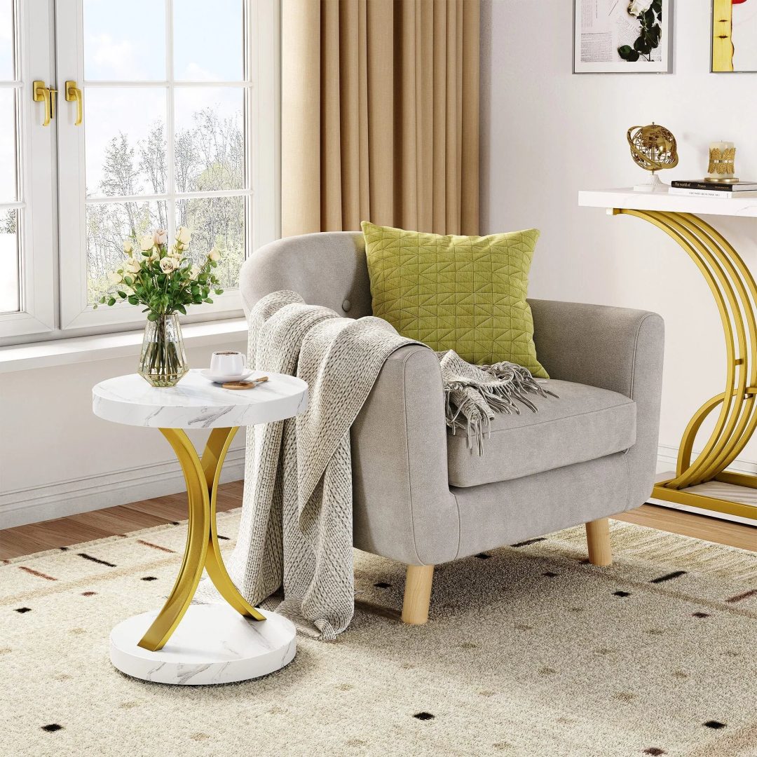 ZenVora Modern Gold Console Table with Marbled Top, Sofa Table for Entryway and Hallway