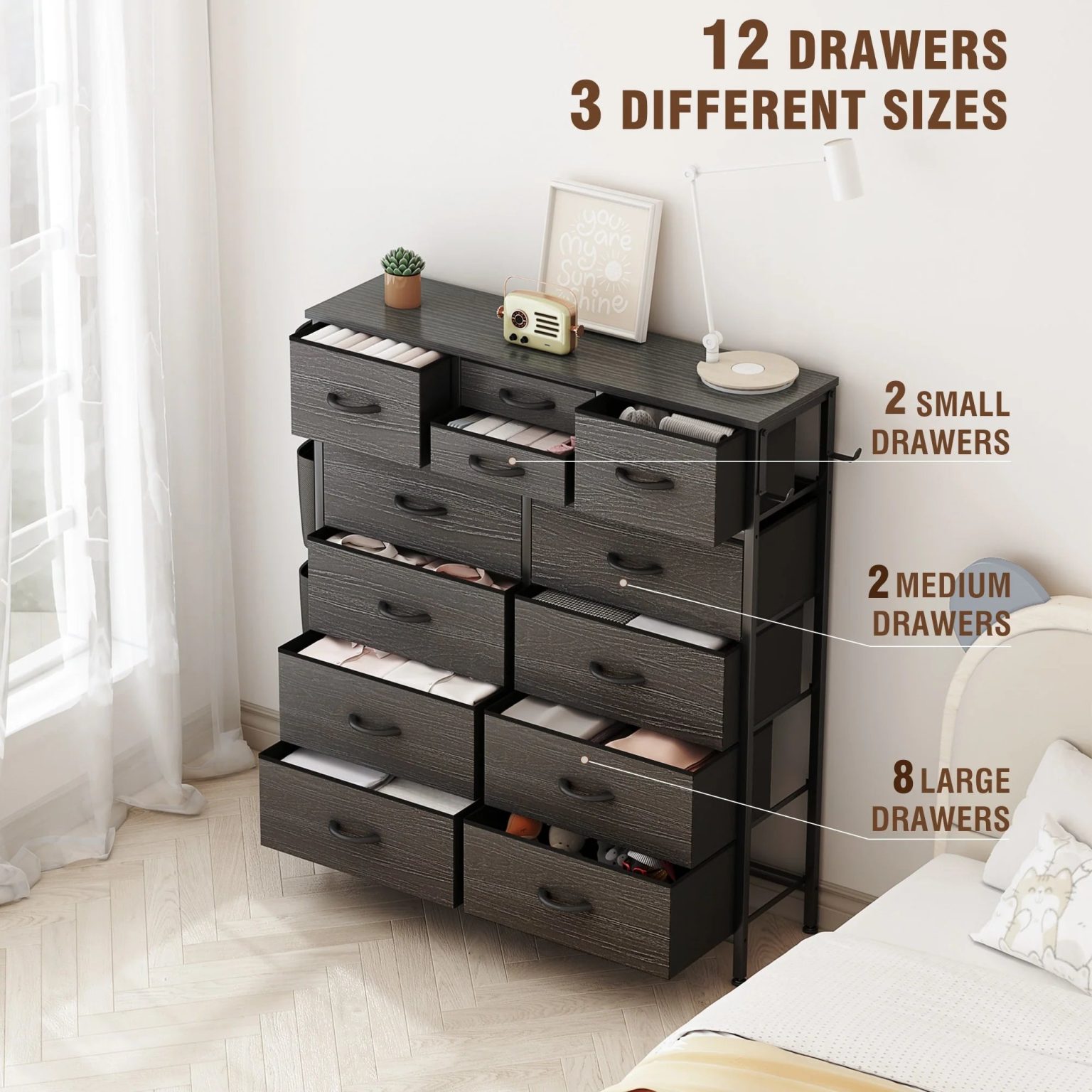 ZenVora 12 Drawer Fabric Dresser, Tall Bedroom Chest of Drawers with Storage