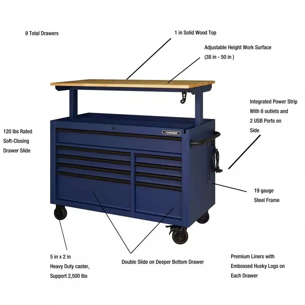 ZenVora 52-Inch 9-Drawer Mobile Workbench with Adjustable Height Wood Top, Heavy Duty Rolling Tool Cabinet