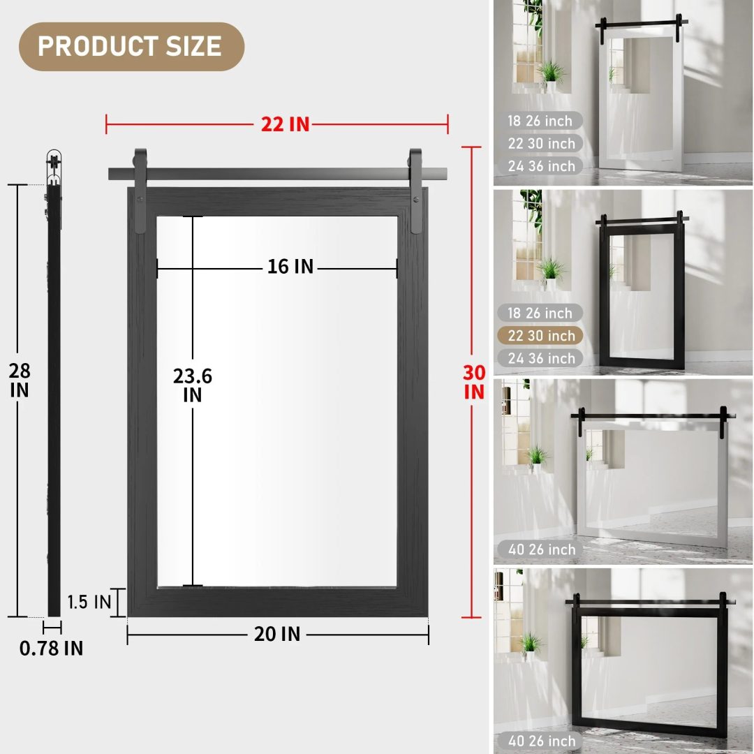 ZenVora Modern Rectangular Wall Mirror with Wood Frame, Bathroom and Barn Door Mirror, Multiple Sizes