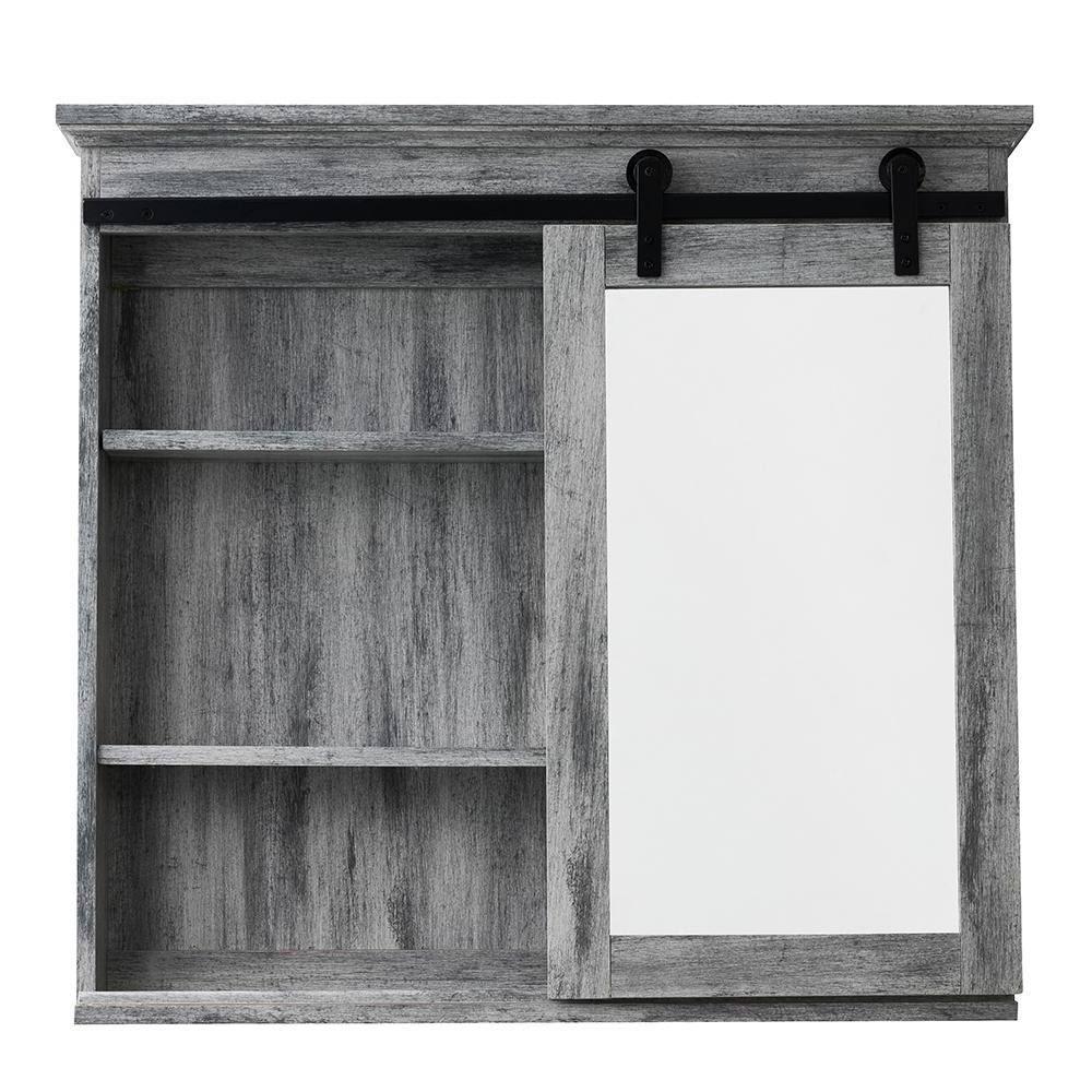 ZenVora Wood Medicine Cabinet with Mirror - Gray Wall Mounted Bathroom Cabinet with Sliding Barn Door