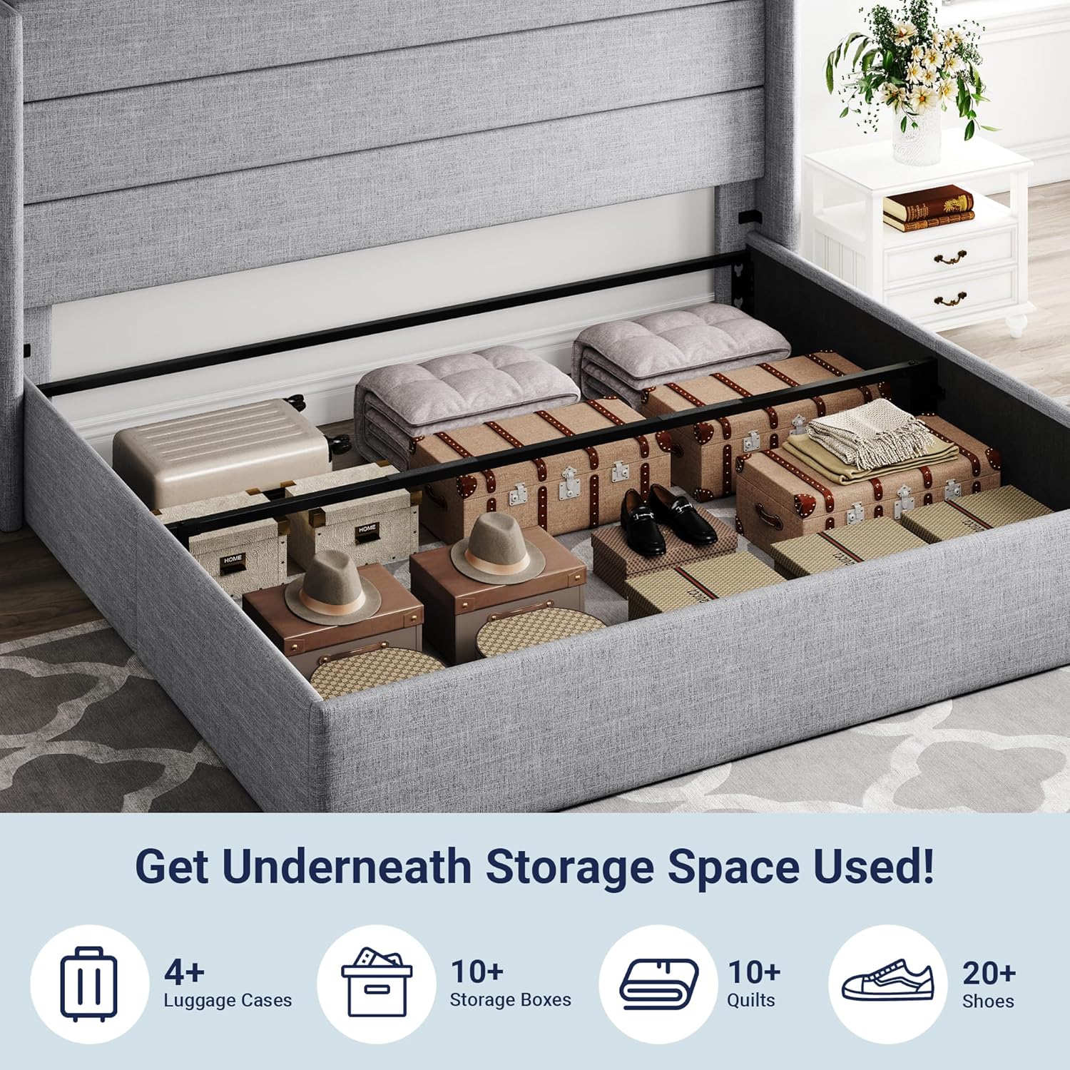 ZenVora Queen Size Lift Up Storage Bed with Wingback Headboard, Upholstered Platform Bed Frame with Hidden Storage