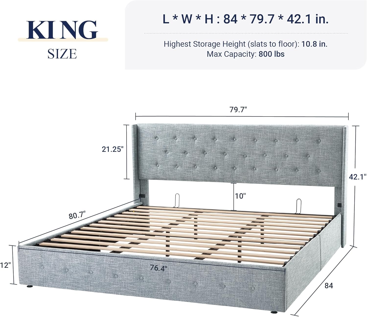 ZenVora Queen Size Lift Up Storage Bed with Wingback Headboard, Upholstered Platform Bed Frame with Hidden Storage