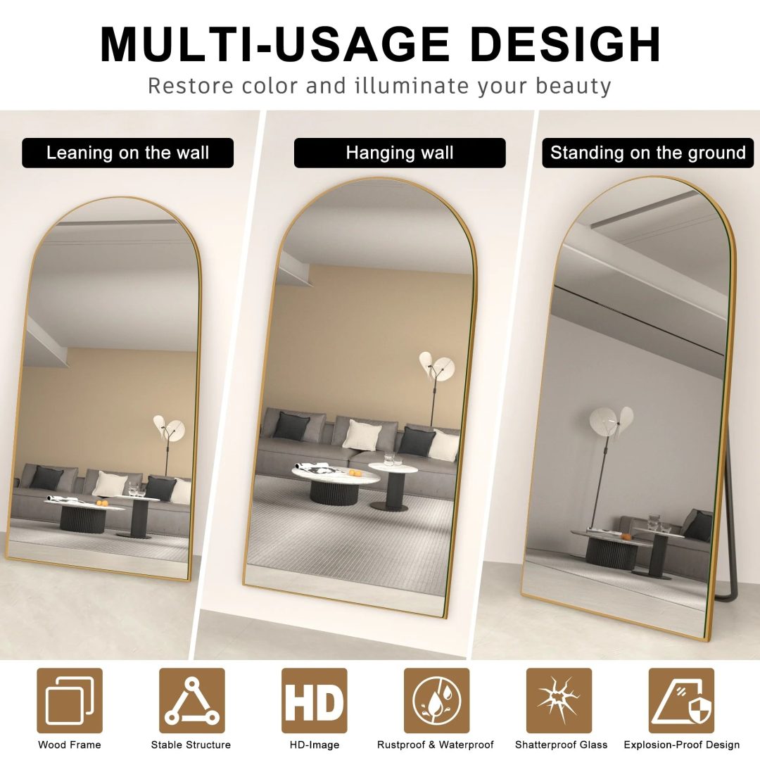 ZenVora Arched Full Length Wood Floor Mirror, Full Body Standing and Wall Mounted Mirror for Bedroom, Living Room and Home Decor