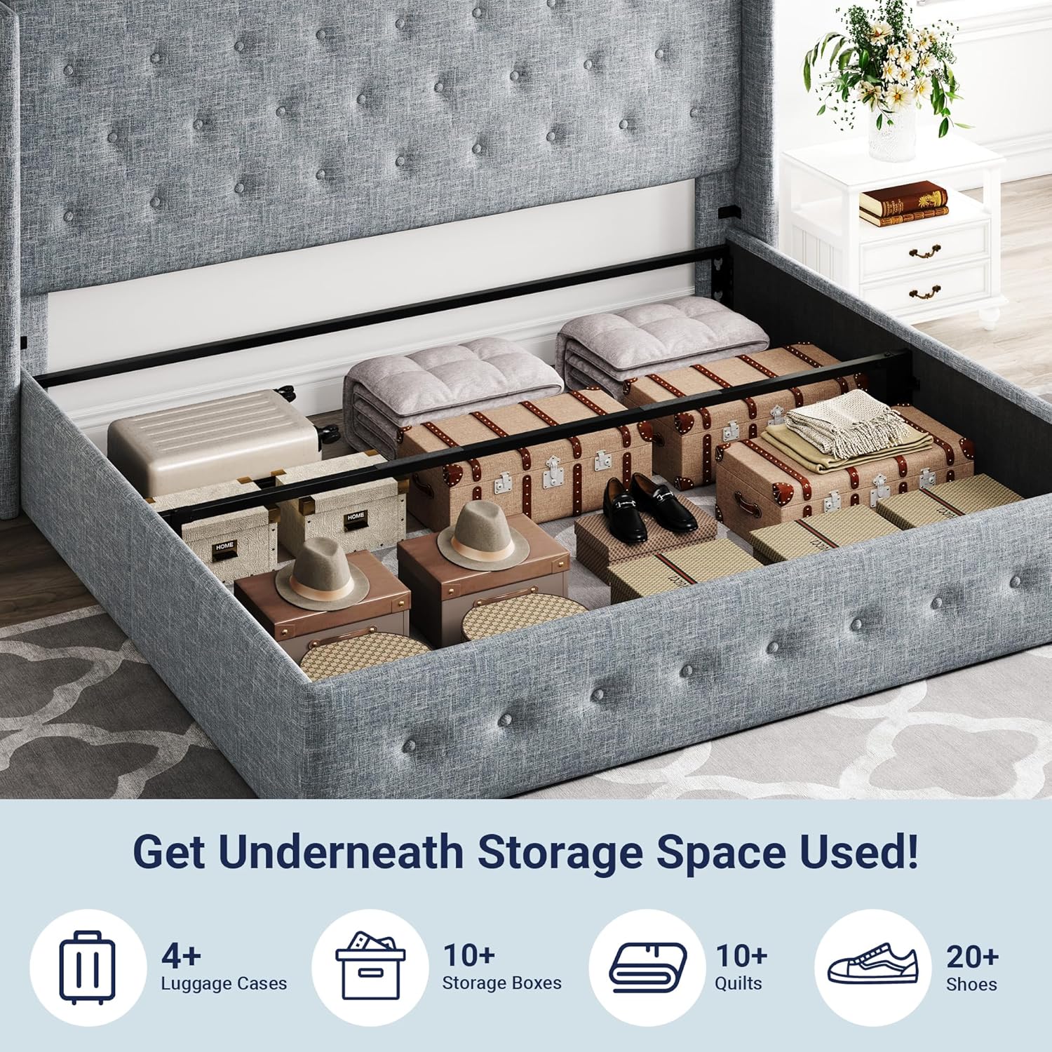 ZenVora Queen Size Lift Up Storage Bed with Wingback Headboard, Upholstered Platform Bed Frame with Hidden Storage