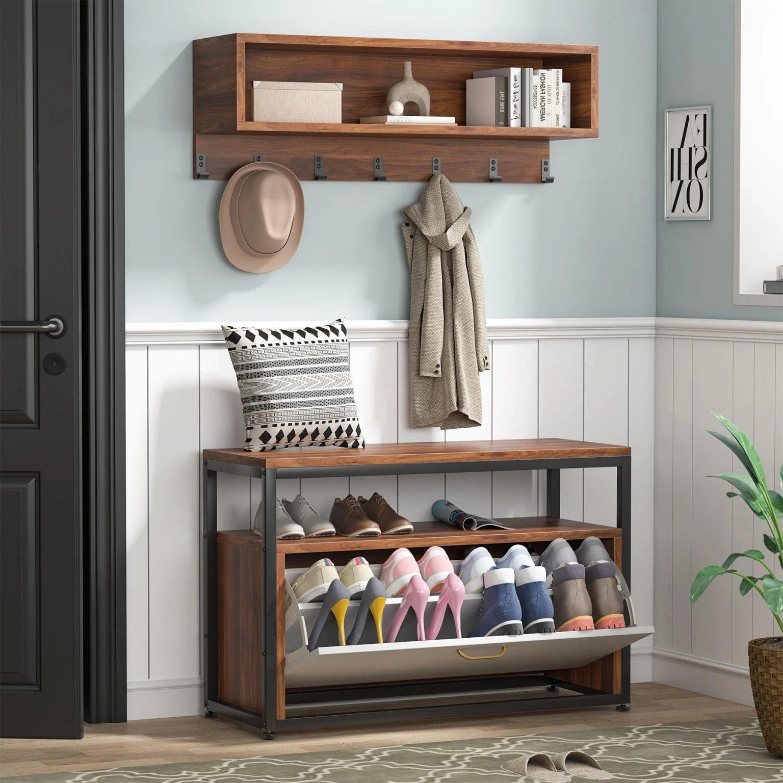 ZenVora Entryway Coat Rack and Shoe Bench Set, Industrial Hall Tree with Coat and Shoe Storage