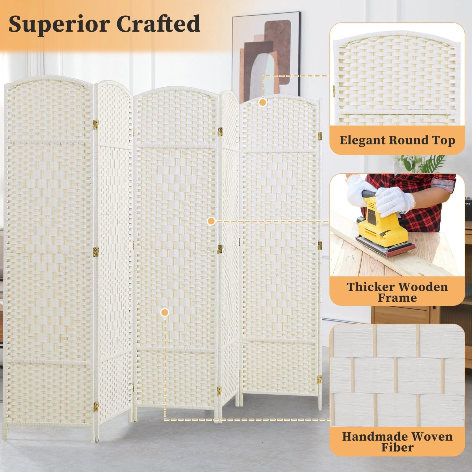 ZenVora 6 FT Tall Woven Fiber Room Divider, Freestanding Folding Privacy Screen