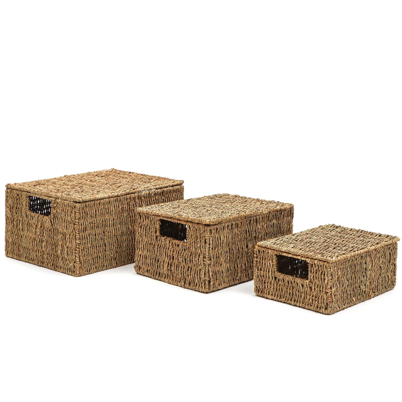 ZenVora Set of 3 Small Rectangular Seagrass Baskets with Lids, Woven Storage Baskets