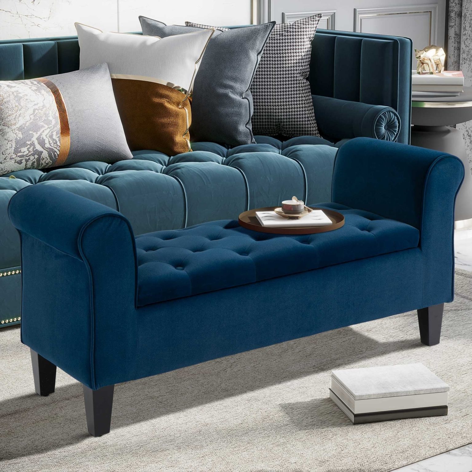 ZenVora Button-Tufted Storage Ottoman Bench, Upholstered Bed Bench with Rolled Armrests for Bedroom, Living Room and Hallway