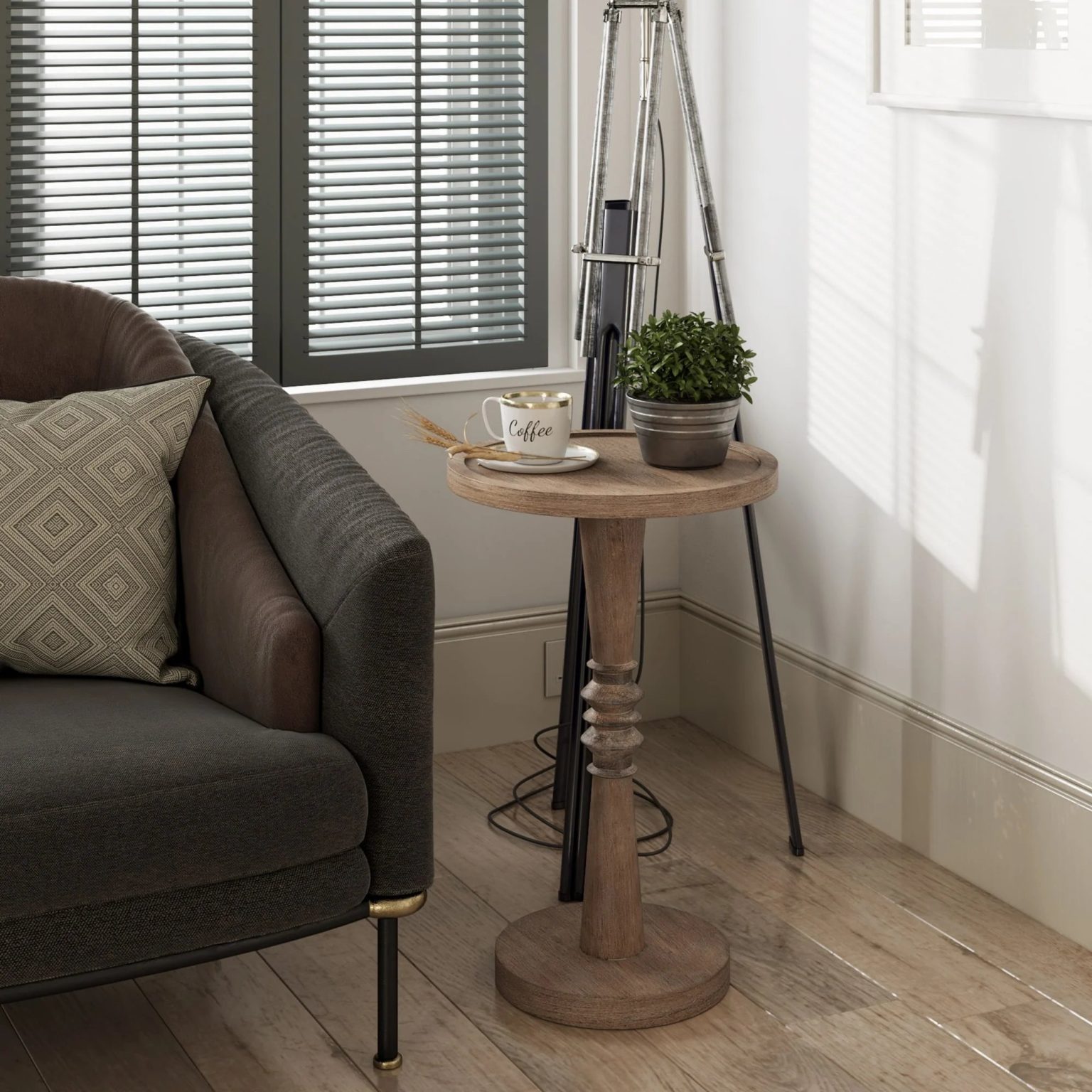 ZenVora Small Pedestal End Table with Tray Top, Farmhouse Distressed Finish Accent Table