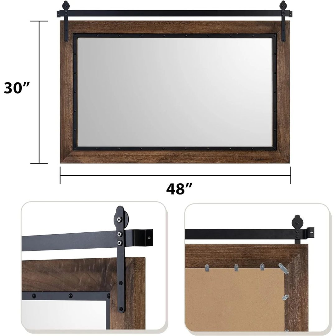ZenVora Farmhouse Barn Door Style Bathroom Vanity Mirror, Natural Wood Wall Mirror for Bathroom, Bedroom and Entryway