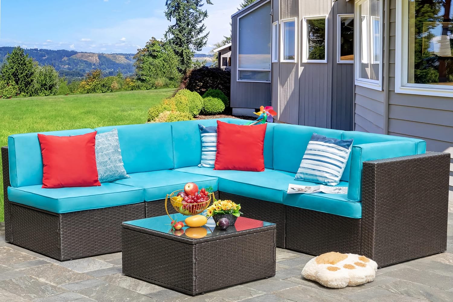 ZenVora 5-Piece All-Weather Patio Furniture Set with Ottoman, Outdoor Wicker Conversation Sofa Set with Cushions for Garden, Deck & Backyard