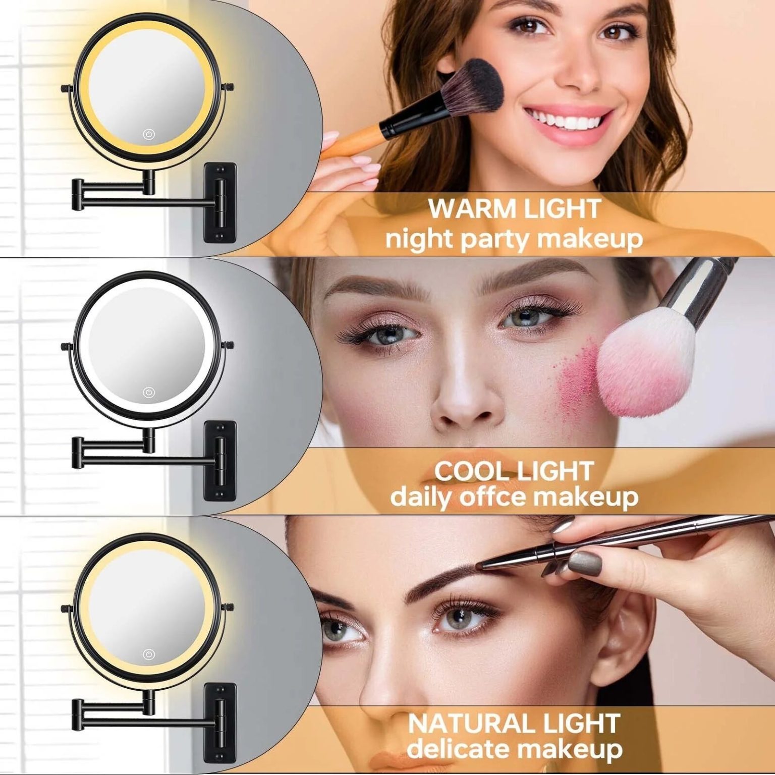 ZenVora 8 Inch Round Wall Mounted Makeup Mirror, Rechargeable, 1X/10X Magnification, 3-Color LED Lights