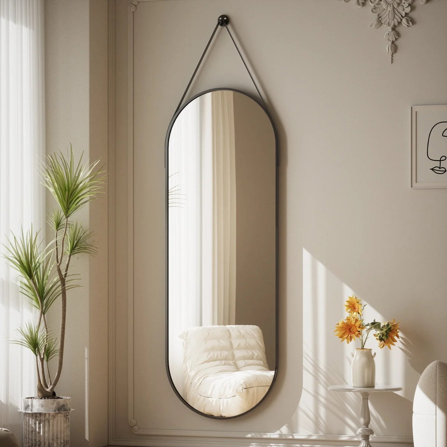 ZenVora 48 x 16 Inch Full Length Wall Mirror with Leather Strap, Hanging Full Body Mirror for Bedroom, Entryway and Home Decor