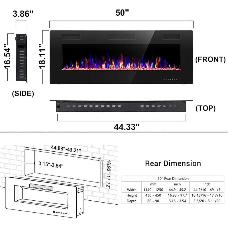 ZenVora Recessed Electric Fireplace Heater, Wall Mounted 750-1500W Fireplace with Remote Control