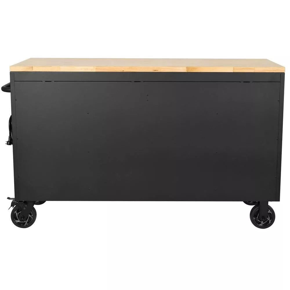 ZenVora 61 Inch 15 Drawer Mobile Workbench - Heavy Duty Steel Tool Cabinet with Wood Top and Power Strip