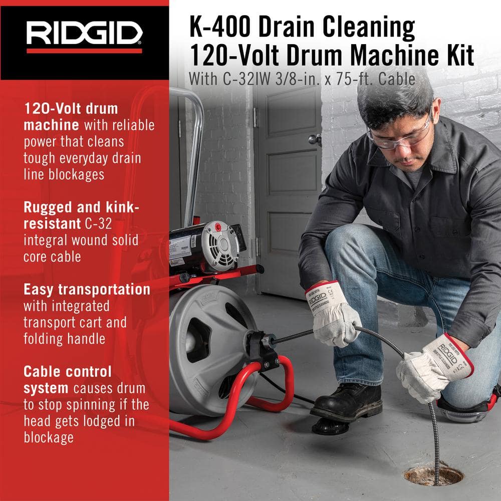 ZenVora 120V Drum Drain Cleaning Snake Auger with 3/8-In. x 75-Ft. Cable, 4-Piece Tool Set and Gloves