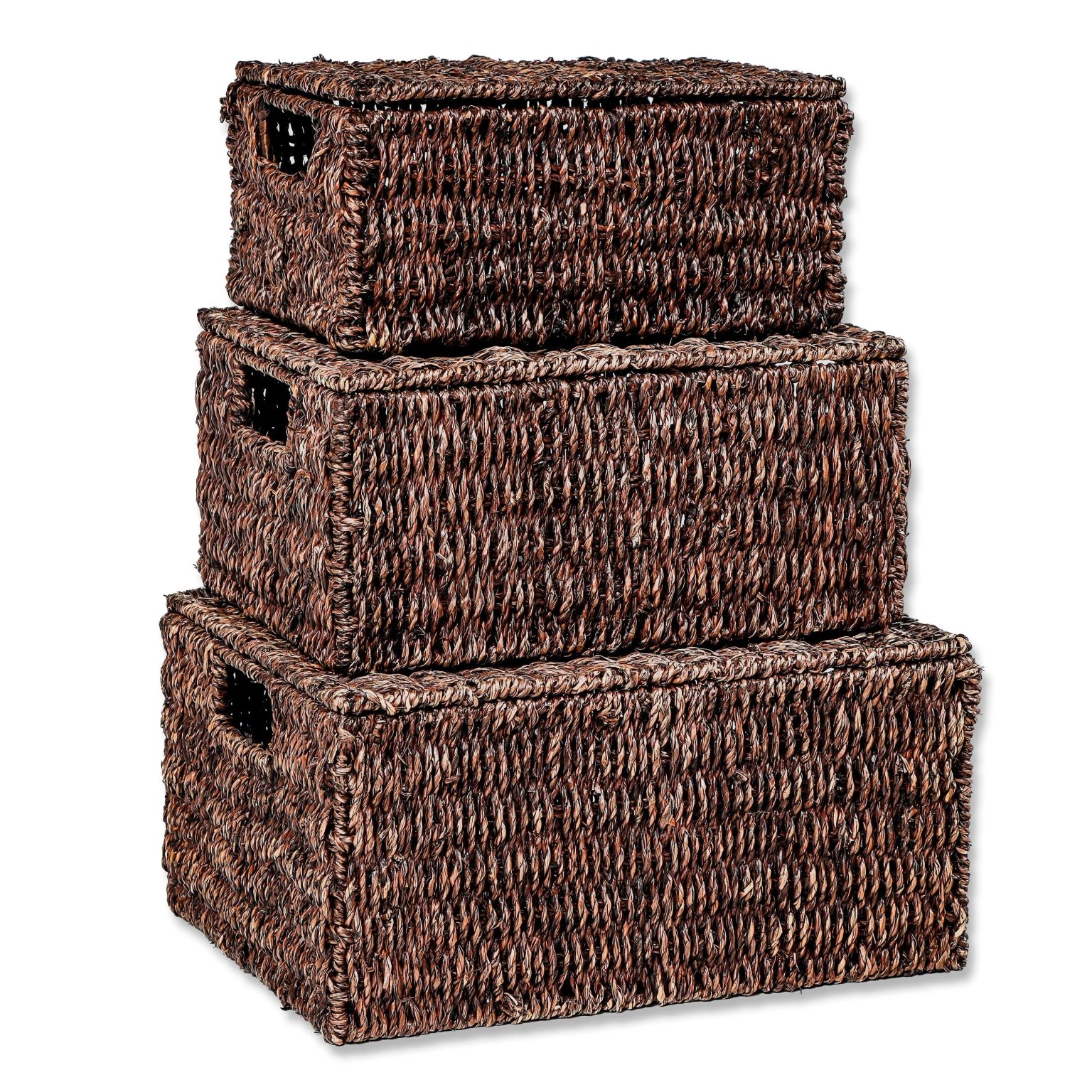 ZenVora Set of 3 Small Rectangular Seagrass Baskets with Lids, Woven Storage Baskets