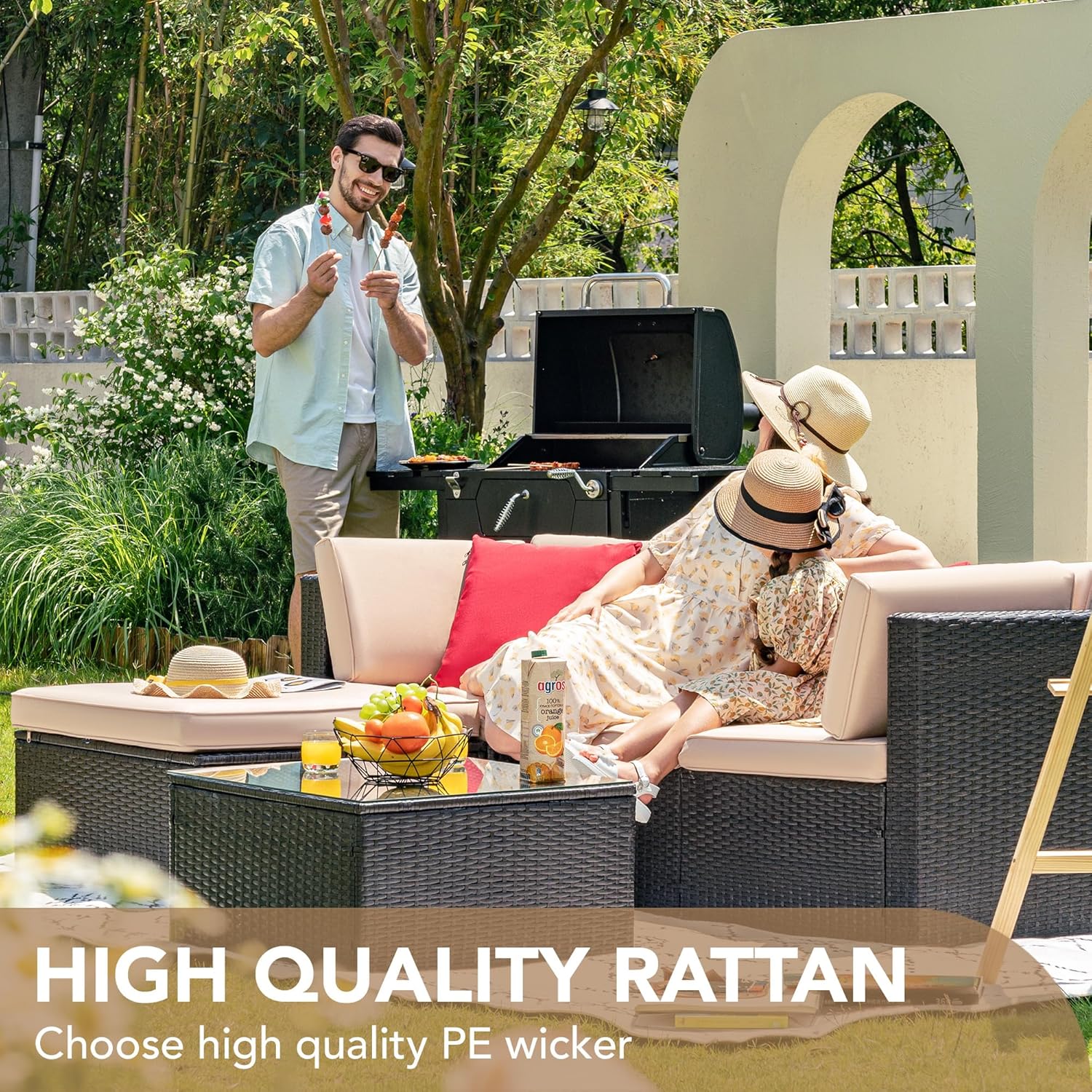 ZenVora 5-Piece All-Weather Patio Furniture Set with Cushions, Outdoor Wicker Conversation Sofa Set for Garden, Deck & Backyard
