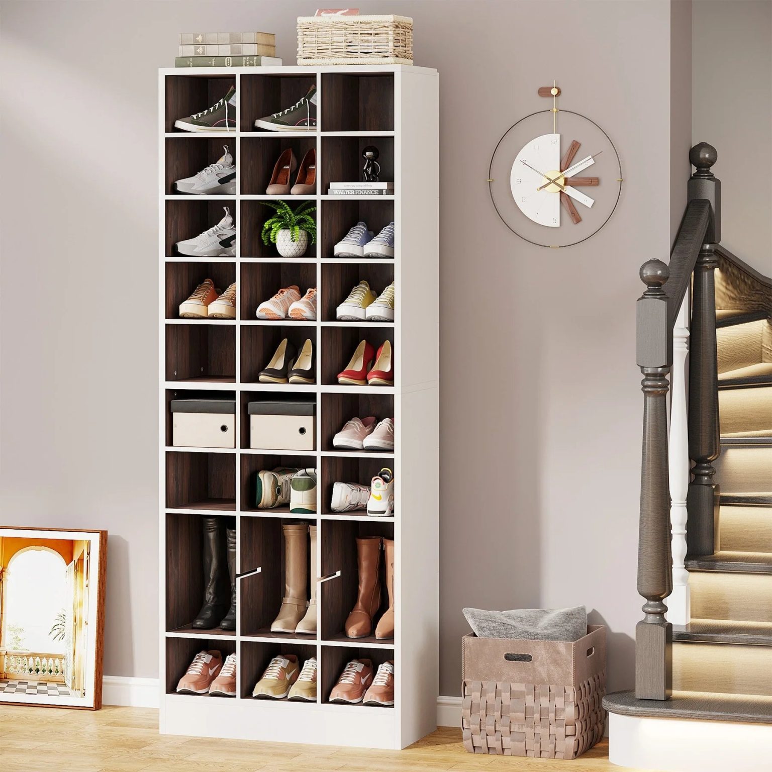 ZenVora 10-Tier Tall Shoe Cabinet, 30-Pair White Wood Shoe Storage Rack for Entryway and Closet