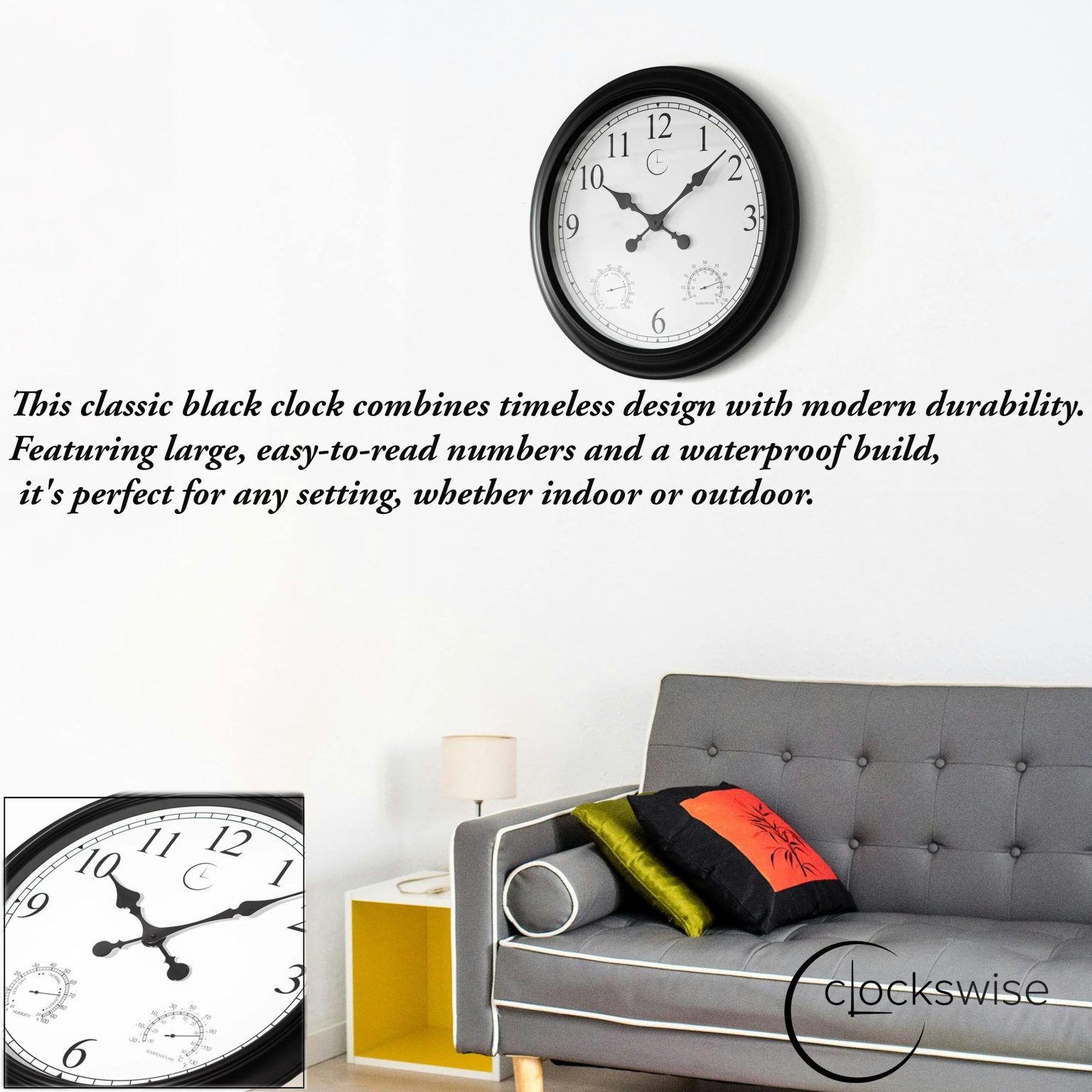 Large Outdoor Wall Clock with Thermometer, Waterproof Silent Garden Weather Station, Black