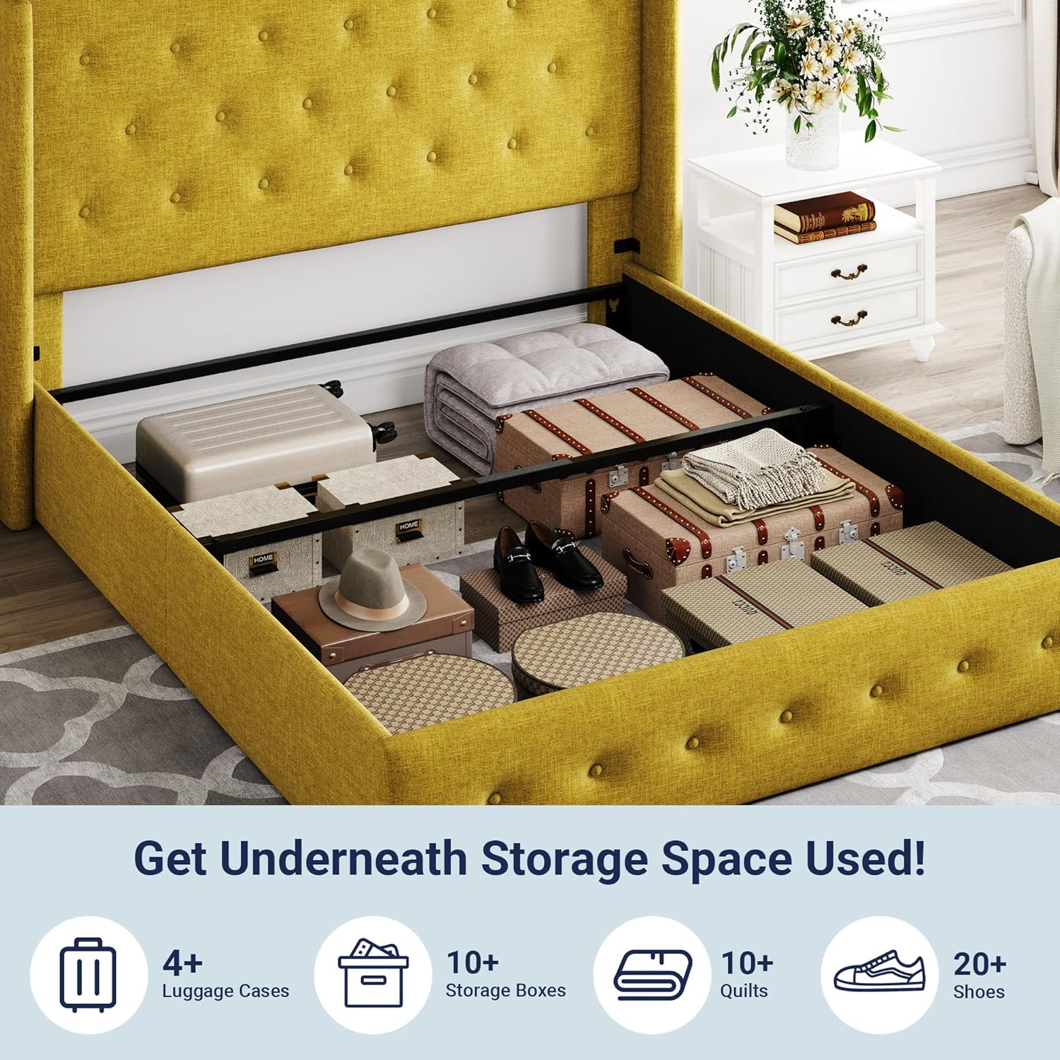 ZenVora Queen Size Lift Up Storage Bed with Wingback Headboard, Upholstered Platform Bed Frame with Hidden Storage