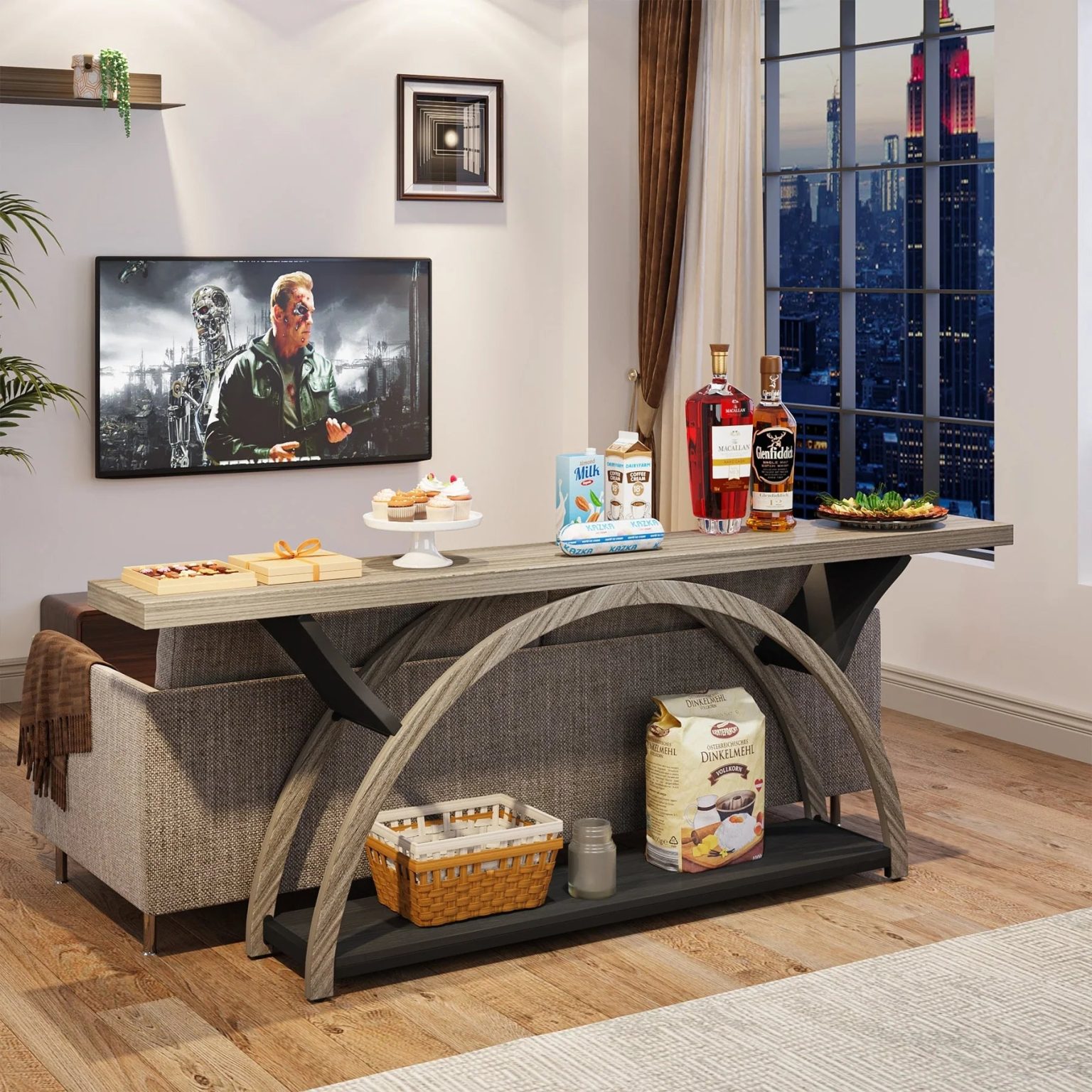 ZenVora Gray 2-Tier Slim Console Sofa Table, Semi-Circular Metal Frame for Hallway