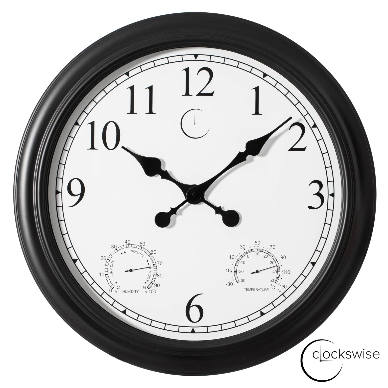 Large Outdoor Wall Clock with Thermometer, Waterproof Silent Garden Weather Station, Black
