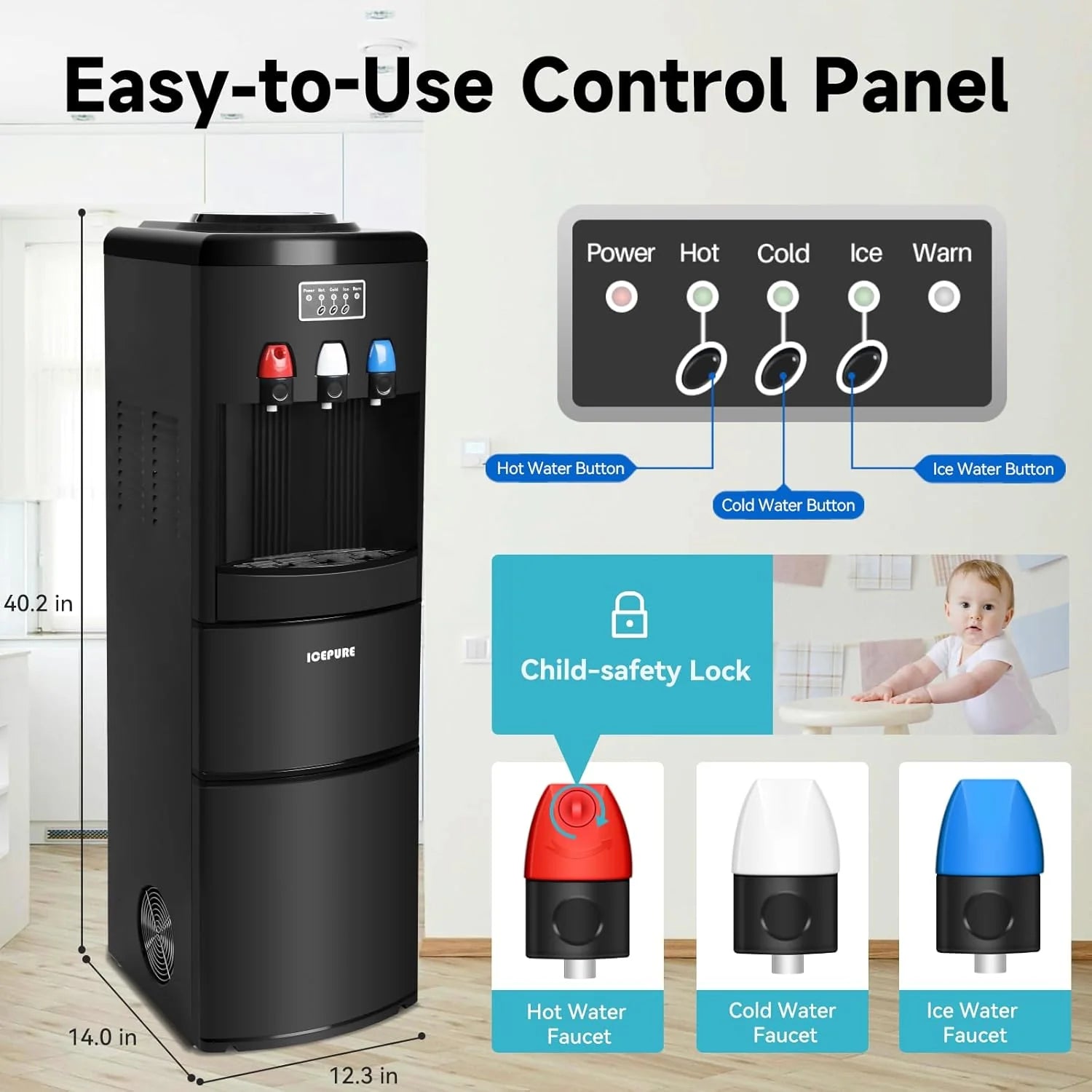 ZenVora 3-in-1 Hot & Cold Water Cooler with Built-in Ice Maker – Top Loading for 3-5 Gallon Bottles, Child Safety Lock, Black
