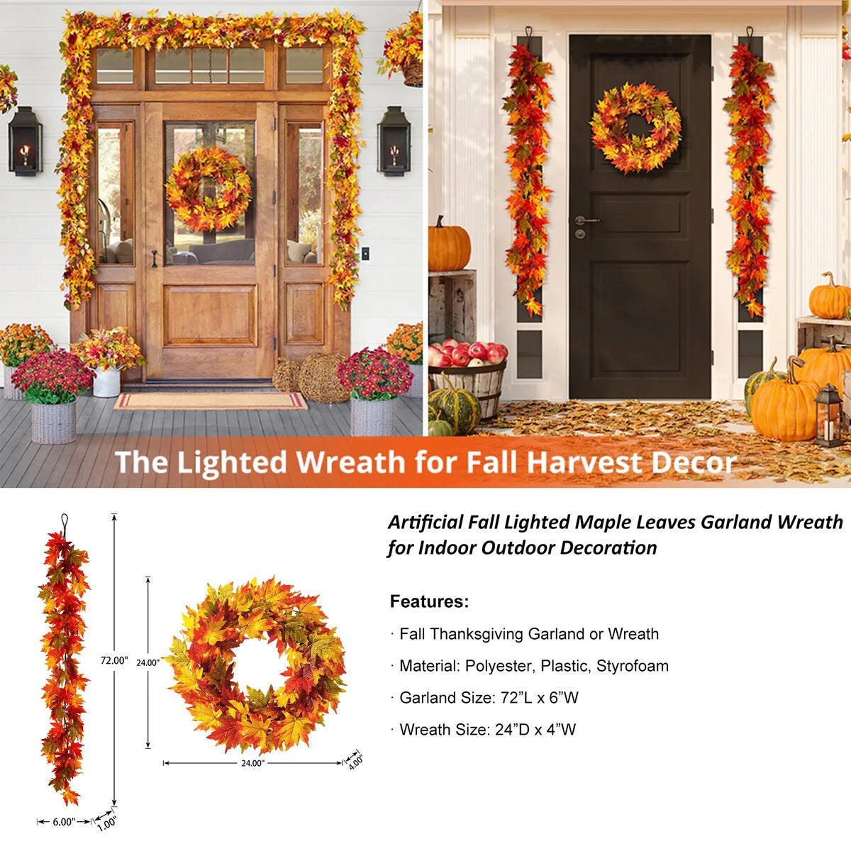 ZenVora Thanksgiving LED Lighted Fall Maple Leaf Wreath and Garland - Autumn Home Decor