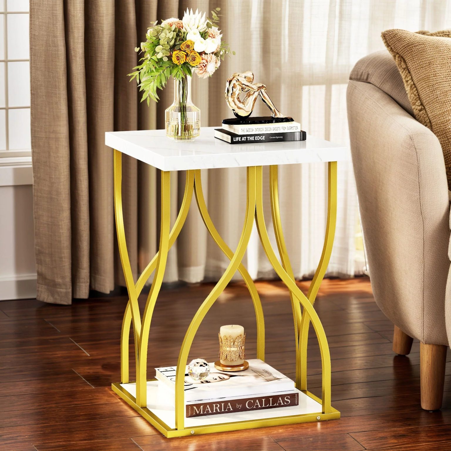 ZenVora Modern Gold Console Table with Marbled Top, Sofa Table for Entryway and Hallway