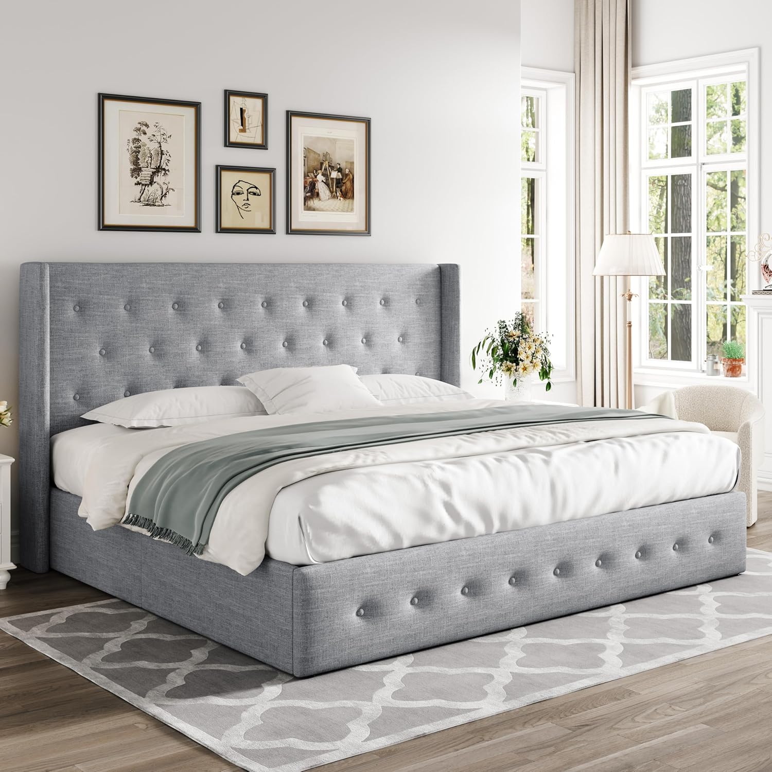 ZenVora Queen Size Lift Up Storage Bed with Wingback Headboard, Upholstered Platform Bed Frame with Hidden Storage