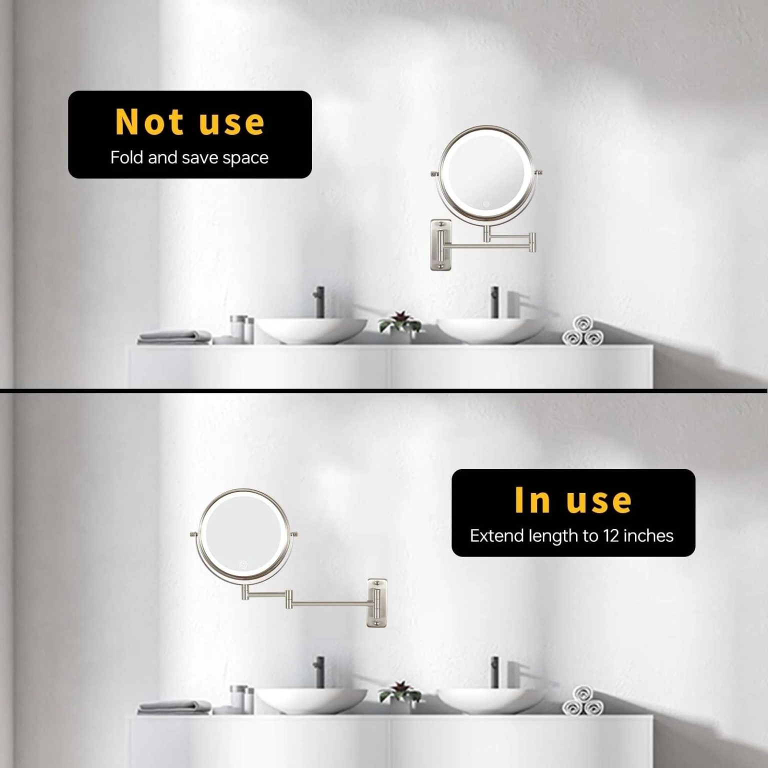 ZenVora 8 Inch Round Wall Mounted Makeup Mirror, Rechargeable, 1X/10X Magnification, 3-Color LED Lights