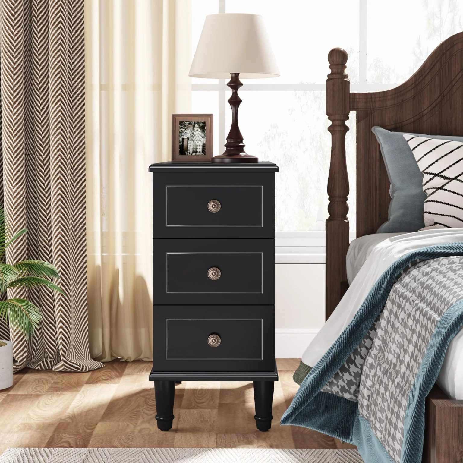 ZenVora Fully Assembled Narrow End Table, Solid Wood Side Table with 3 Drawers, Vintage Nightstand for Small Spaces
