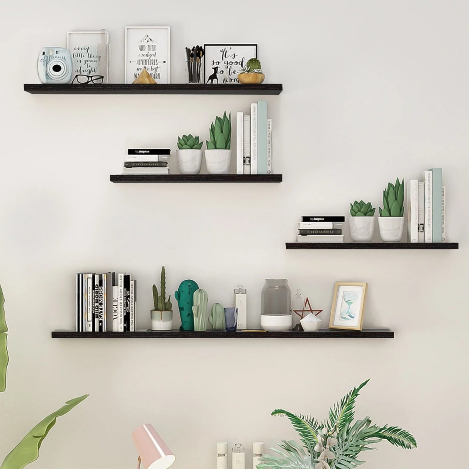 ZenVora 4-Piece Wood Floating Wall Shelves, White and Black Storage Shelf Set for Home Decor