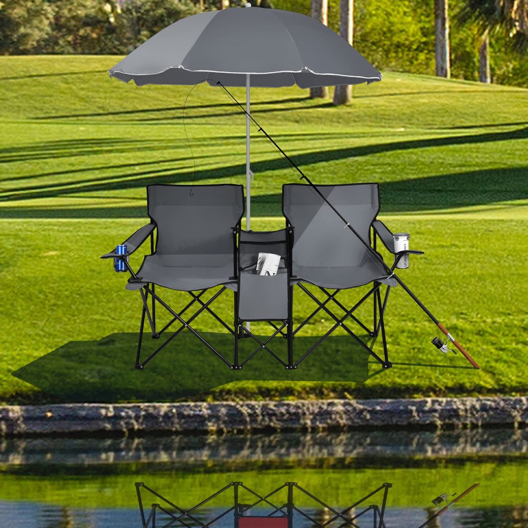 ZenVora Double Folding Picnic Chairs with Umbrella – Mini Table & Beverage Holder Included