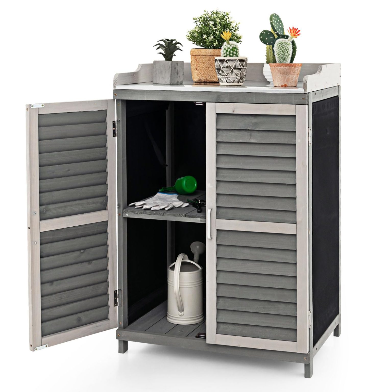 Outdoor Potting Workbench with Metal Tabletop, Garden Storage Cabinet for Patio